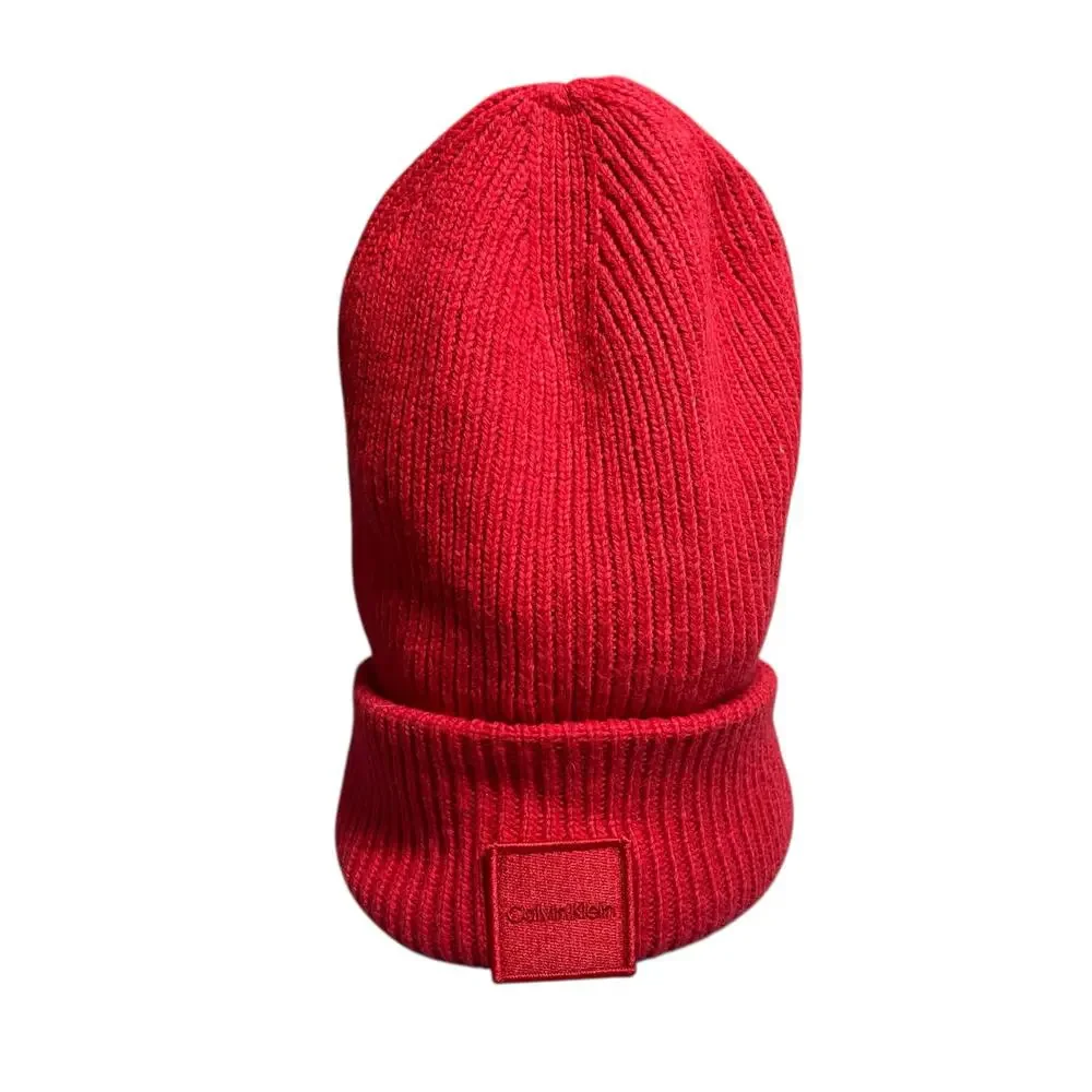 Calvin Klein Women's Red Wool Ribbed Knit Cuffed Logo Winter Beanie Hat OS